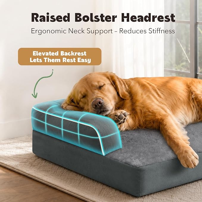 Orthopedic Dog Sofa Bed with Bolster for Small Dogs Cats | Pillow Support for Neck Relief, Egg Crate Foam, Waterproof Liner, Anti-Slip Bottom, Removable Bolster Cover, 20 x 15 Inch