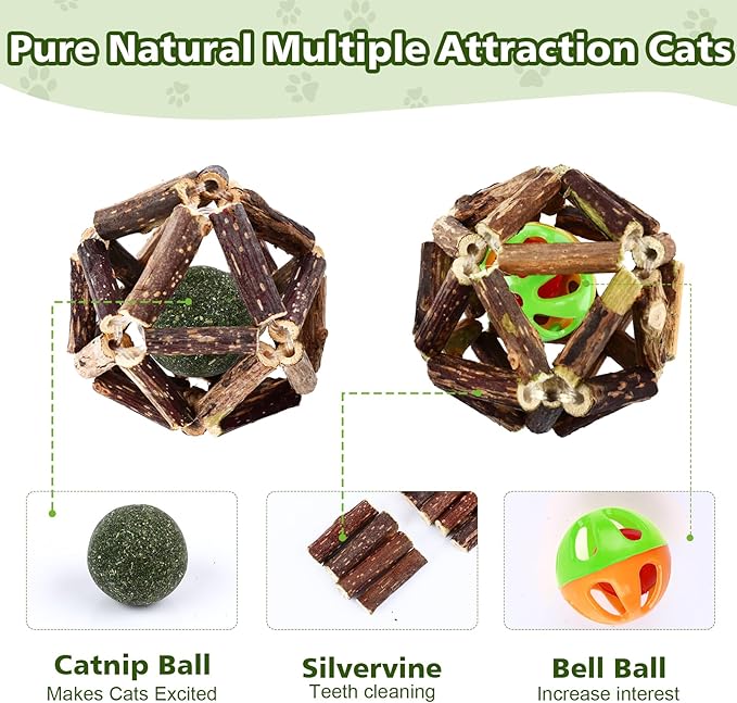 WOUSEDO Catnip Chew Toys for Cats, 24 Pack Cat Toys with Silvervine Sticks, Natural Silvervine Stick Cage Balls & Bell Balls for Indoor Cats