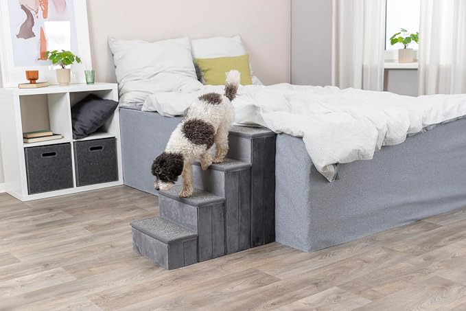 TRIXIE 4-Step Velour Pet Stairs, Gray | Collapsible, Storage Compartments for Pet Toys, Ideal for Dogs and Cats
