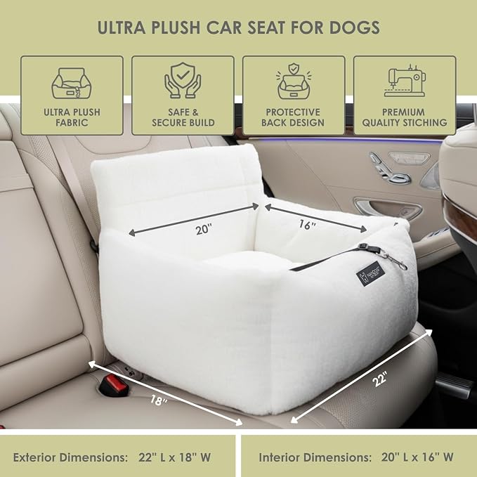 NANDOG Luxury Dog Car Seat Bed for Medium Dogs, Cloud Ultra Plush Pet Seat with Removable & Washable Cushion Insert, Thick Safety Seatbelt Straps, Secure Travel Carrier, Pearl White, 22" L x 18" W