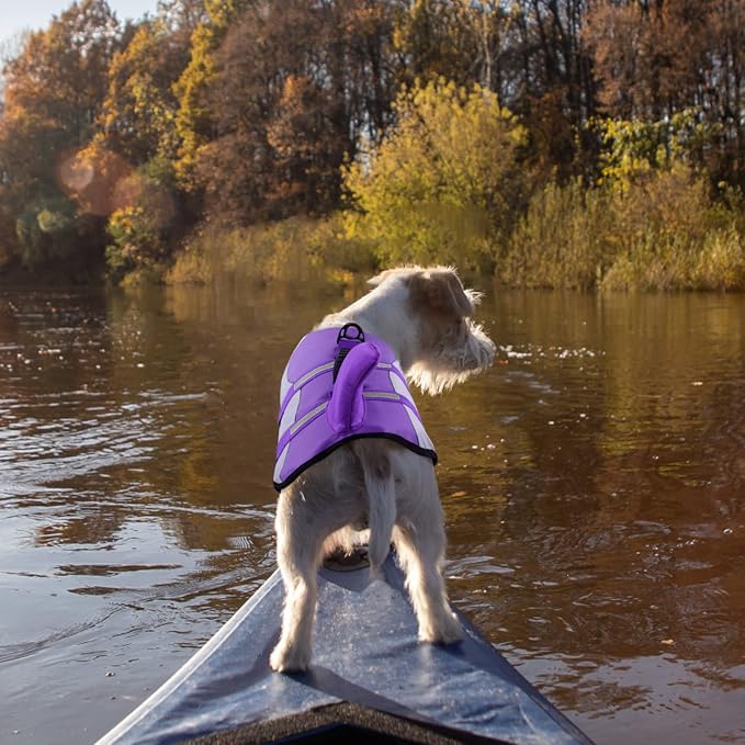 Dog Shark Life Jacket with Rescue Handle - Adjustable Reflective Dog Life Preserver for Large Dogs, Purple XL
