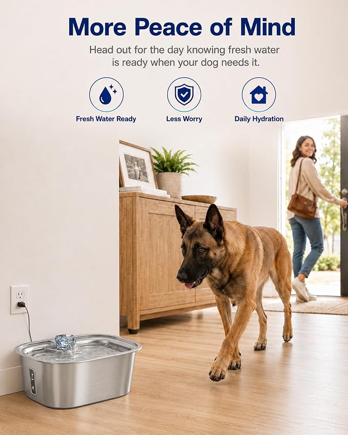 PETNF 3-Gallon Stainless Steel Dog Water Fountain for Large Dogs, Dog Water Bowl Dispenser with 4 Filters, Visible Water Window, Quiet Pump & LED Low-Water Indicator
