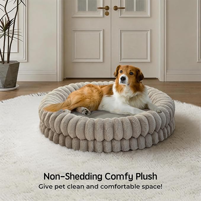 BALANCE Luxury Donut Dog Bed, 36 Inches Round Dog Beds Large Sized Dogs Washable, Orthopedic Calming Dogs Bed for Pets with Anti-Slip Bottom, Oatmeal