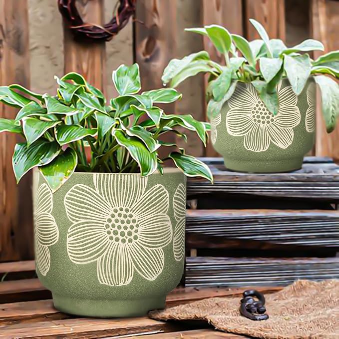 YBX 8 Inch + 6 Inch White Flower Pattern Plant Pots, Sand Glazed Ceramic Planter with Drainage Hole, Flower Pots for Indoor Plants, Green