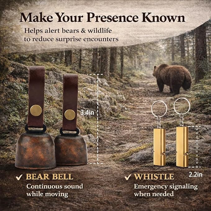 kcrygogo Loud Bear Bells with Leather Button Strap and Emergency Whistle for Survival, Hiking, Biking, Fishing, Climbing（2sets