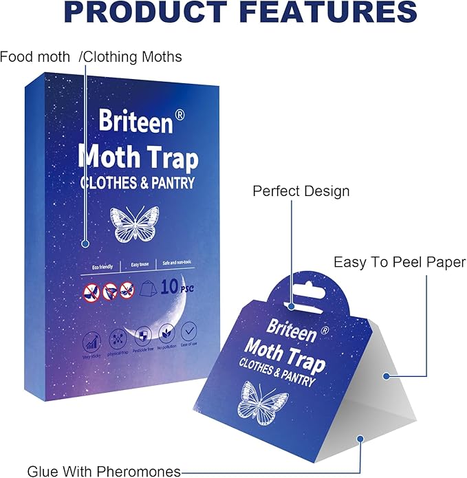 Pantry Moth Traps 10-Pack Safe and Effective for Food and Clothing- Glue Traps with Pheromones for Wool Closet Carpet Food and Cupboard K05