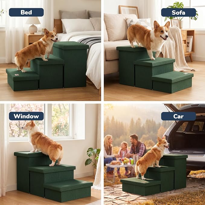 3-Step Wide Dog Stairs with Hidden Storage 18" H, Non-Slip Dog Steps for High Bed Couch Window Car, Jiont-Friendly Pet Stairs Ramp for Small/Medium/Large Old Dogs Cats Up to 200lbs, Dark Green