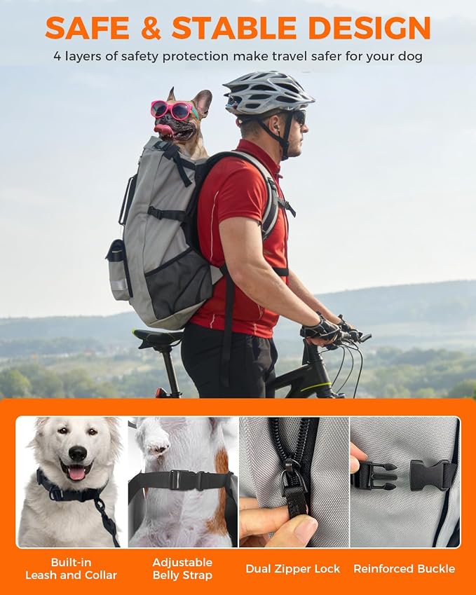 Waterproof Dog Backpack Carrier for Medium Dogs Under 30 lb, Grey | 4-Layer Protection, Adjustable Dog Hiking Backpack with Storage Pockets, Reflective Strips, Non-Slip Handle for Travel