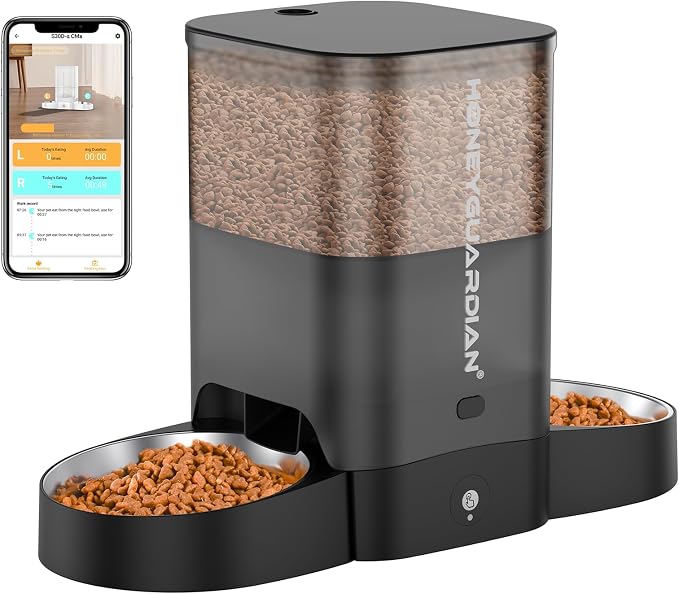 HoneyGuaridan Automatic Cat Feeder for 2 Cats, 2.4/5G WiFi Smart Feed Pet Feeder with Stainless Steel Bowl,APP Control Dispenser, Dual Power Supply,Desiccant Bag,10s Meal Call Black | Pet Feeder with Stainless Steel Bowl,Automatic Cat Food Dispenser,Mu...