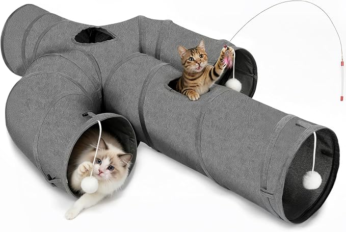 Ownpets Cactus Cat Tunnel 12" with Peek Holes for Indoor Large Cat, Grey | Durable Oxford fabric, noise-free, foldable & connectable, multi-cat friendly, tube for cats up to 20lb, includes ball & wand