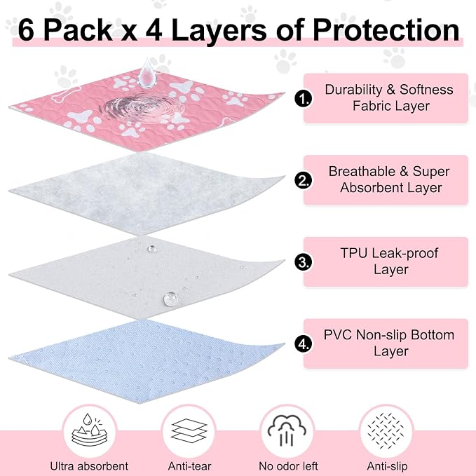 BEAUTYZOO 6 Pack Washable Pee Pads for Dogs,Reusable Puppy Pads 16x24 Pink | Waterproof Super Absorbent,Non Slip and Leak-Proof Against Urine,Whelping Pads Mats for Puppy Potty Training,Playpen,Crate