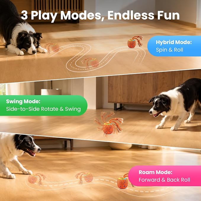 Smart Interactive Dog Toys, 3 Modes Automatic Rolling Ball, Chase Pet Toy with Rope & Barking Sound, Chew Resistant E-TPU, IPX7 Waterproof Rechargeable Ball for Medium Large Dogs, Orange