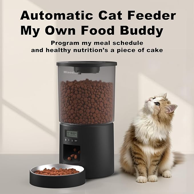 Automatic Cat Feeder 4.2L,6 Meals/Day,Dual Power Portion Control Feeder,Dry Pet Food Auto Dispenser,Timer Setting,10S Voice Record (Transparent Black, Stainless Steel Bowl)