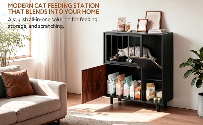 Dog Proof Cat Feeding Station with Storage Cabinet& 2 Stainless Steel Bowls, Elevated Cat Food Station with Scratching Board, Modern Wooden Cat House Furniture for Indoor Cats, Large Pet Cabinet