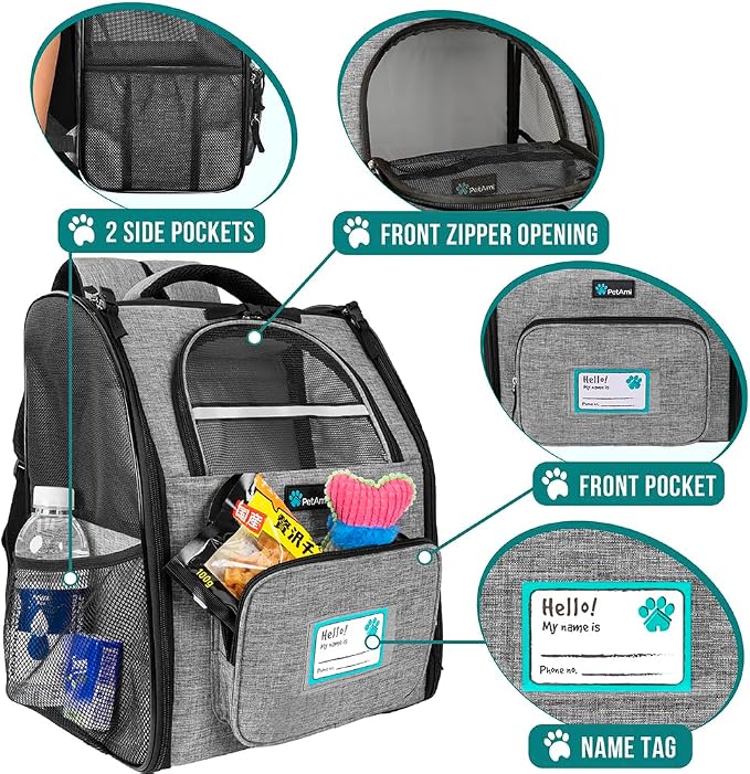 PetAmi Dog Backpack Carrier for Small Medium Dogs Large Cats up to 18 lbs, 2 Side Entry, Structured No-Collapse Frame, Airline Approved Ventilated Pet Backpack for Hiking Camping Travel, Grey