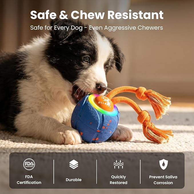 Smart Interactive Dog Toys, 3 Modes Automatic Rolling Ball, Chase Pet Toy with Rope & Barking Sound, Chew Resistant E-TPU, IPX7 Waterproof Rechargeable Ball for Medium Large Dogs, Blue