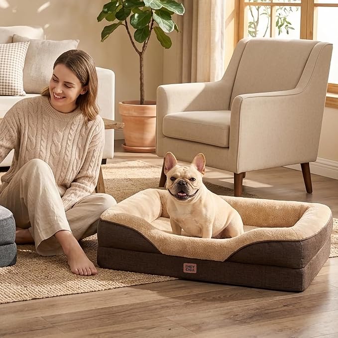 EHEYCIGA Orthopedic Dog Bed for Medium Dog, 30x20 Inch Memory Foam Dog Couch Bed with Sides, Waterproof Liner & Washable Removable Cover, Bolster Pet Sofa, Brown