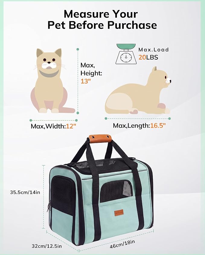 Morpilot Pet Carrier for Large Cats, Puppies & Small Dogs Up to 20lbs | Escape-Proof with Locking Zippers, Dual-Sided Cushion, Safety Buckle for Car & Vet Travel, Includes Foldable Bowl (Green)