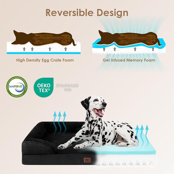 EHEYCIGA Orthopedic Dog Beds Large Sized Dog, Waterproof Washable Pet Bed | Non-Slip Bottom and Egg-Crate Memory Foam XL Dog Couch Bed with Washable Removable Cover, Black