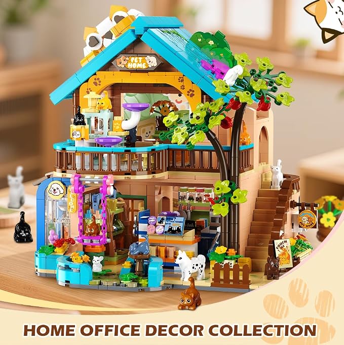INSOON City Pet Shop Building Set with Lights for Adults Kids Boys Girls 8+ | 1431 PCS Cozy Pet Construction Toy with Cats Dogs, Cute Animal Store Miniature House Model Building Block Kit for Home Decor