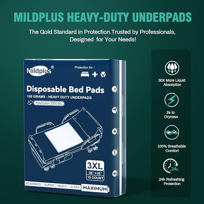 MILDPLUS Heavy Duty Underpads 36"X36", 10 Count, Ultra Absorbent Chucks 150Grams Tear-Resistant Bed Pads Disposable Incontinence Pads