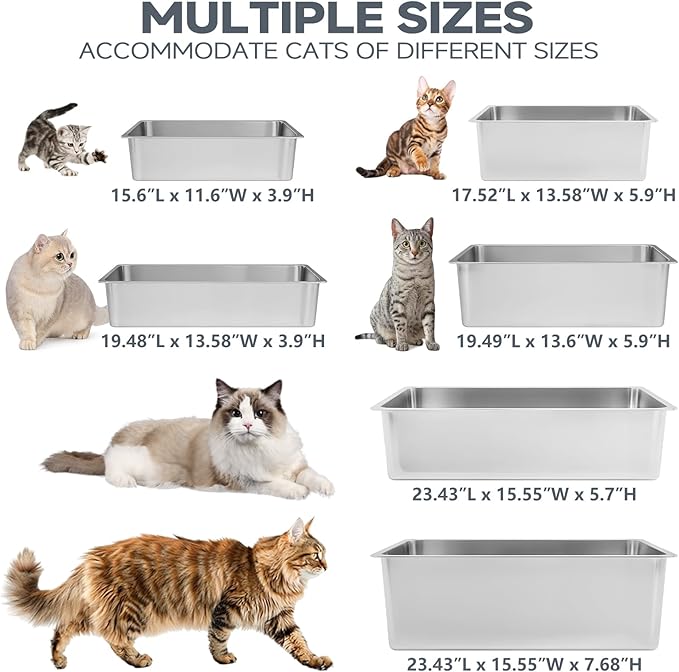 Kirecoo Stainless Steel Cat Litter Box, Small Metal High Sided Cat Pan Box, Indoor Litter Tray, Non Stick, No Smell, Easy to Clean, Pet Toilet Supplies for Cats