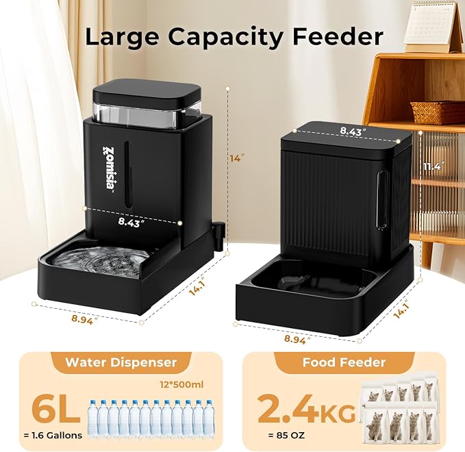 ZOMISIA Gravity Dog Food and Water Dispenser, 2 in 1 Automatic Dog Feeder with 180 Degree Rotatable, 2 Pack Large Capacity Self Feeding for Small Dogs Puppy, Black, 1.6GALx2