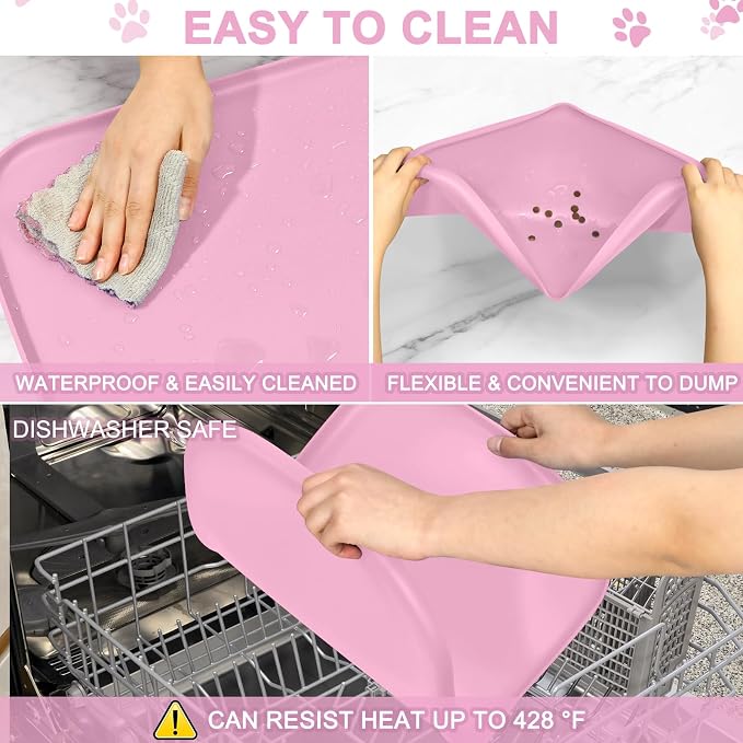 SMILOOL Waterproof Silicone Pet Food Mat with Raised Edge for Dog & Cat | 19" x 12" Non-Slip Pet Feeding Mats with Lip for Food & Water Bowl, Food Grade, Easy Cleaning, Pink