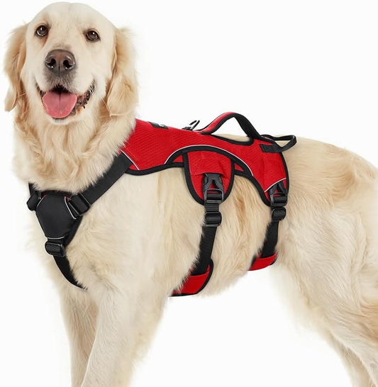 rabbitgoo Escape Proof Dog Harness for Large, No Pull with Lift Handle | No Escape, Full Soft Padded, Reflective Adjustable Vest, Leash Clip for Walking Hiking Training, Red, Large
