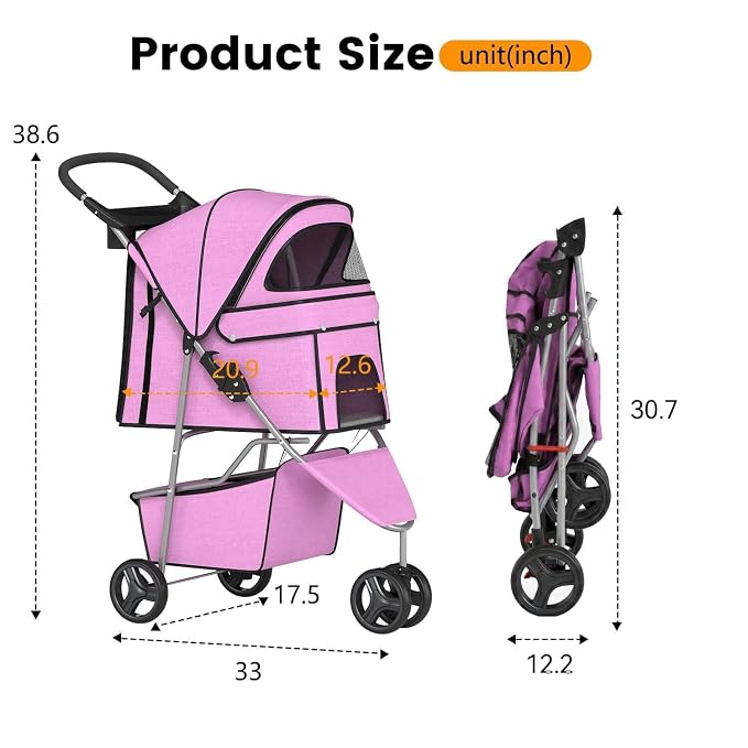 BestPet | 3-Wheel Pet Stroller | Pink | Foldable Dog and Cat Stroller | Breathable Mesh | Lightweight, Waterproof Travel Carrier with Cup Holder & Storage Basket | for Daily Walks & Outdoor Use
