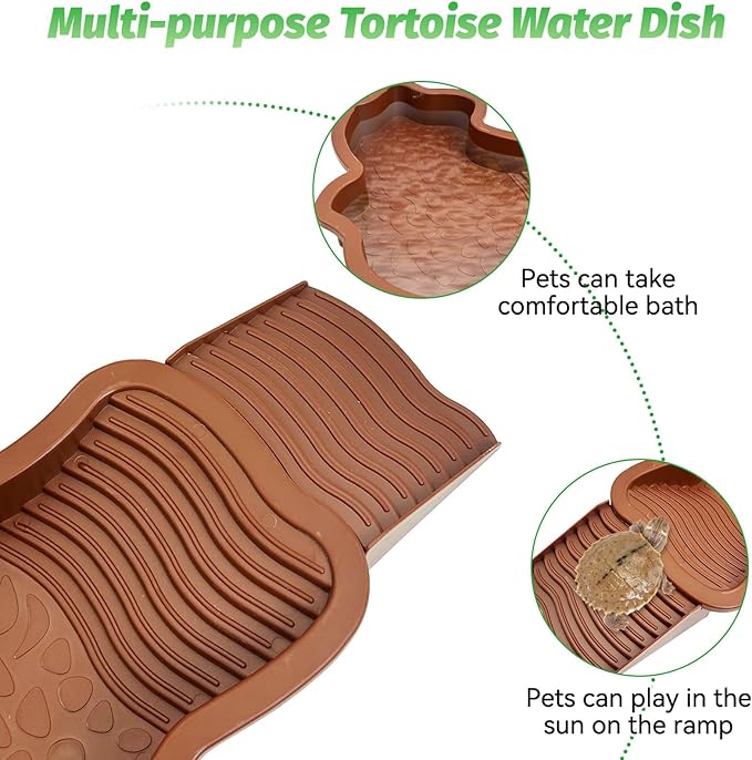 PINVNBY Large Reptile Bathing Pool Tortoise Water Dish with Removable Ramp and Leaf Reptile Food Dish & Water Bowl Tortoise Habitat Accessories for Turtle Lizard Gecko Snake (Red)
