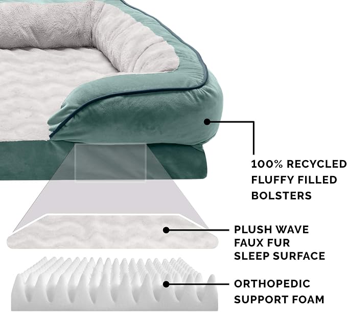 Furhaven Orthopedic Dog Bed for Medium/Small Dogs w/ Removable Bolsters & Washable Cover, For Dogs Up to 35 lbs - Plush & Velvet Waves Perfect Comfort Sofa - Celadon Green, Medium