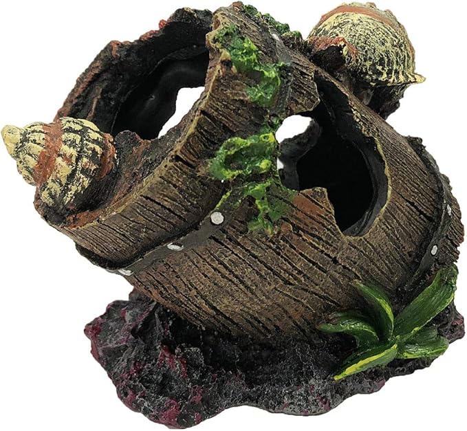 SLOCME Aquarium Broken Barrel with Conch Decorations - Betta Cave Hideout Fish Tank Barrel Ornament