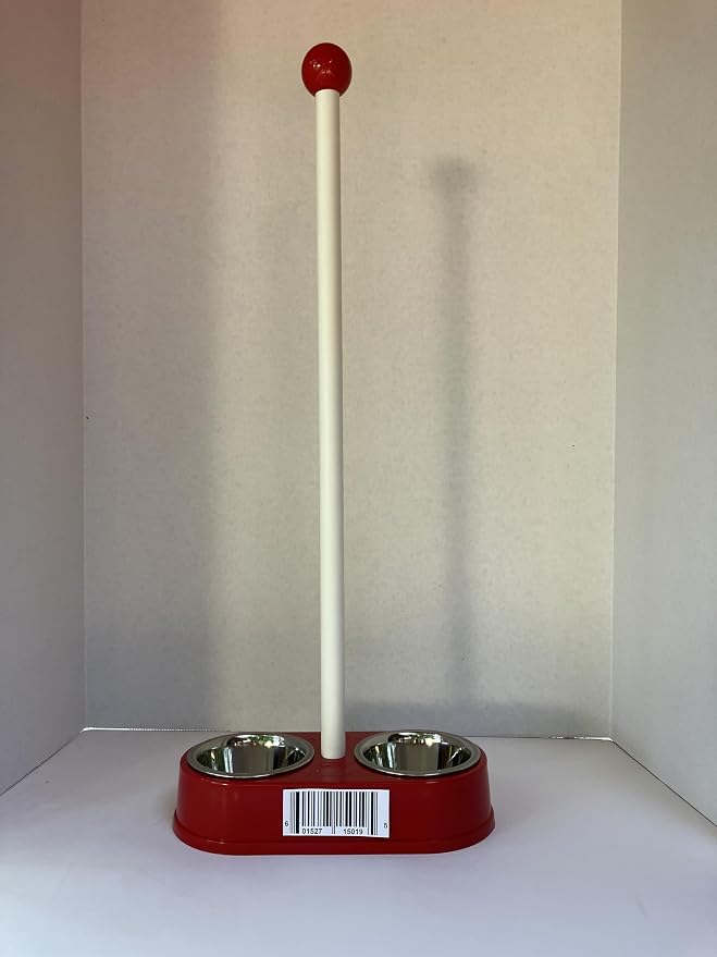 Double Diner for Cats & Dogs, 27-Inch Tall Pet Feeding Station with Long Detachable Handle, Removable Stainless Steel Bowls, Easy Grip, Sturdy & Durable, Ideal for Small to Medium Pets, Bright Red