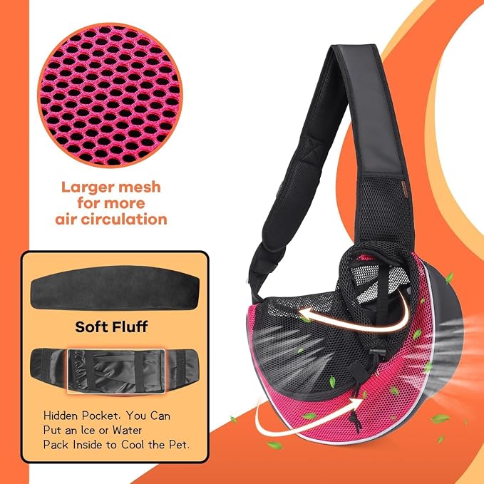 YUDODO Pet Sling Carrier for 5-9 lbs Small Dogs Cat Puppy Crossbody Carrier | Bottom support, Safety Hook, Large Zipper Pocket, Soft Breathable Mesh, Adjustable Strap, Reflective Strip, Pink, M