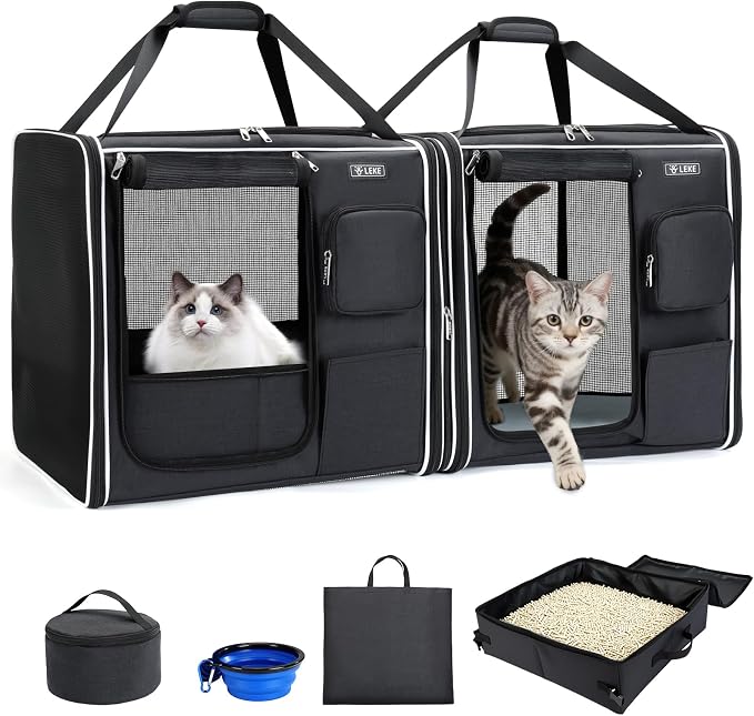 Lekereise Large Cat Carrier Soft Sided, 28" x 13" x 13", Large cat Travel Carrier for 2 Cats with Zipper Locks for Moving Across The Country(No Hammock), Foldable for Storage, Black