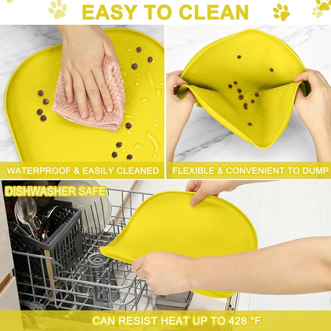 SMILOOL Waterproof Silicone Pet Food Mat with Raised Edge for Dog & Cat | 12" x 12" Non-Slip Small Pet Feeding Mats with Lip for Food & Water Bowl, Food Grade, Easy Cleaning, Light Yellow