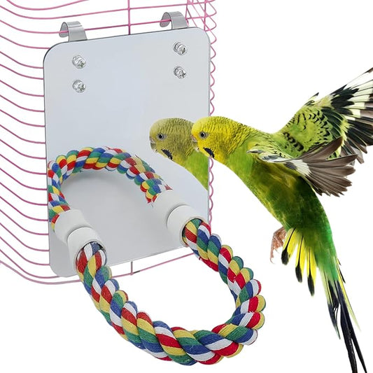 Bird Mirror for Cage with Parrot Rope Perches for Parakeet/Budgerigar/Lovebird/Canaries Stand