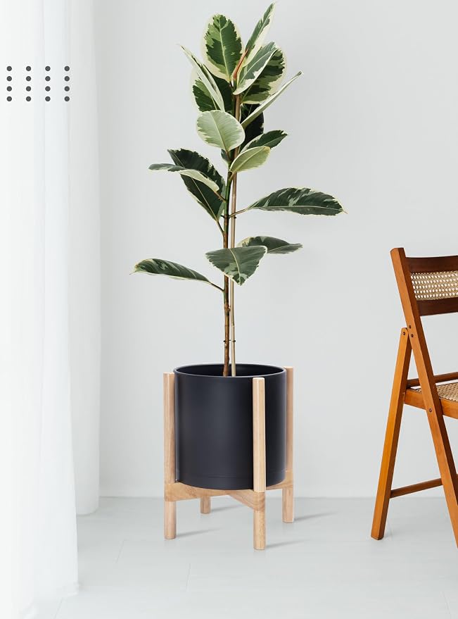 D'vine Dev Plastic Pot with Natural Wood Stand, Black, 12 in, 55-C-P-2 | Mid-Century Inspired Design, Elevated Plant Display, Clean Lines, Sturdy Support, Modern Space-Saving Style
