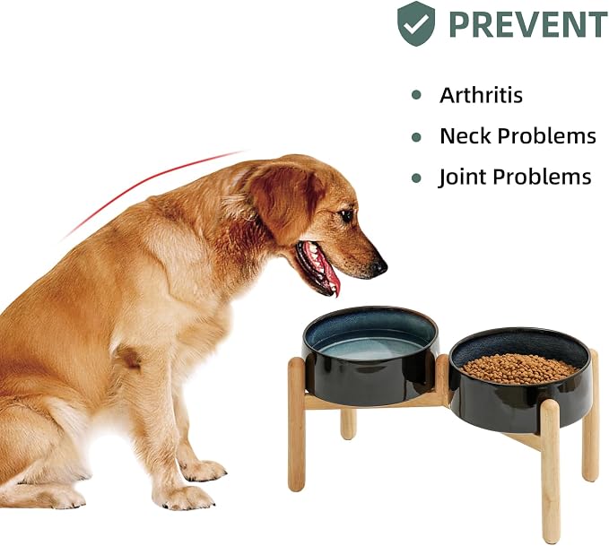 Havniva Elevated Dog Bowls Ceramic Dog Bowls with Stand, Dog Food Bowl | 8.3” Raised Dog Bowls with Non-Slip Wood Stand, Dog Food and Water Bowl Set, Double Dog Feeding Bowls for Large Dogs