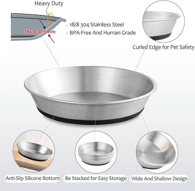WROSWT Stainless Steel Cat Bowls,Whisker Friendly Shallow Cat Dishes for Food and Water,Non-Slip Silicone Bottom,Heavy Duty,Replacement Kitten Metal Plate for Elevated Stands,3 Pack