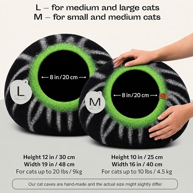 Cat Cave – Premium Felt Cat Bed Enclosure for Indoor Cats, Handmade Merino Wool (Shining Tiger, Medium)