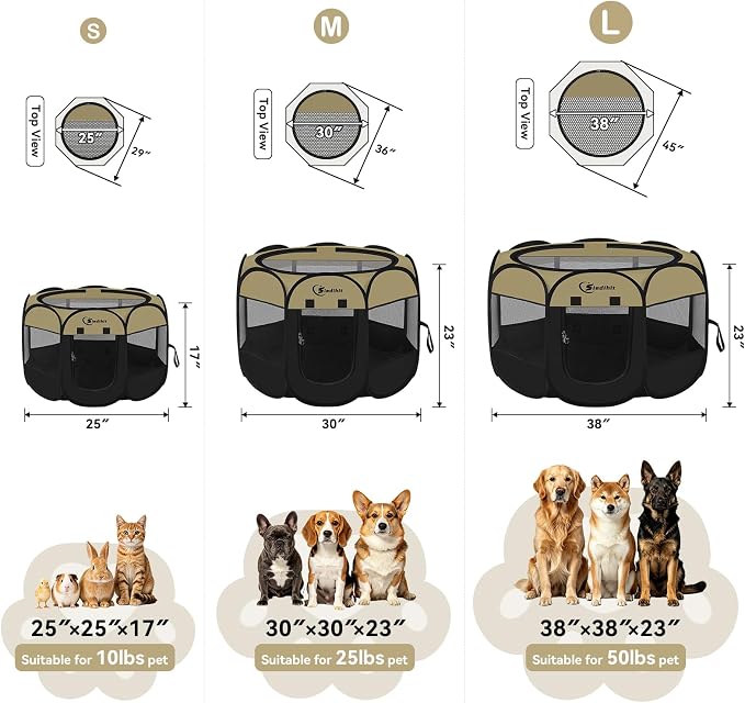 Siedihit Puppy Playpen for Small Dog Cat, Dogs Tent Crate Cage | Indoor/Outdoor, Portable Pop Up Dog Kennel with Carrying Bag for Rabbits(Black Khaki, Small)
