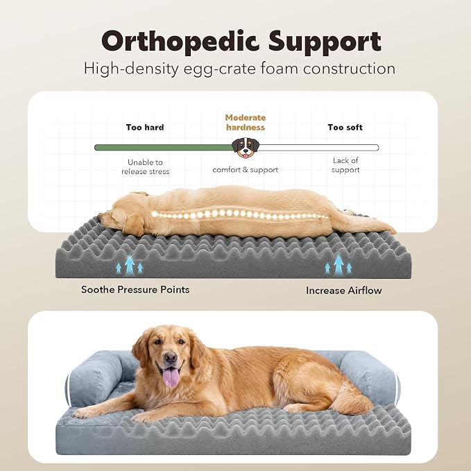 Orthopedic Comfy Washable Dog Bed with Bolster for Medium Small Dogs | Pillow Support for Neck Relief, Egg Crate Foam, Skin-Friendly Surface, Waterproof Liner, Anti-Slip Bottom, 28 x 21 Inch