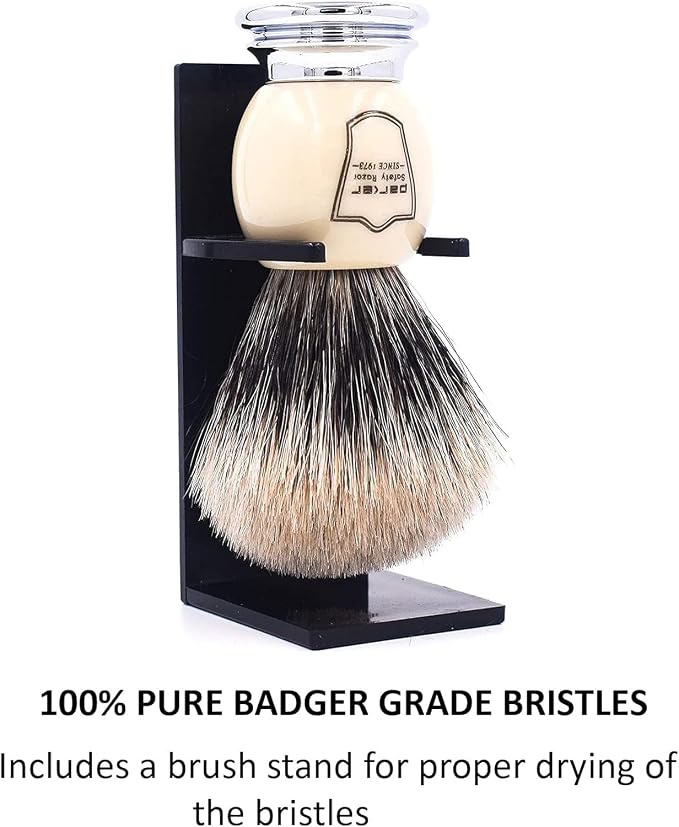 Parker Pure Badger Shaving Brush, Faux Ivory & Chrome, 22mm Knot | Rich Lather, Handcrafted Tool, Cream or Soap, Classic Wet Shaving, Iconic Brand. Includes Stand