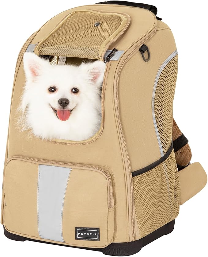 Petsfit Pet Dog Carrier Backpack with Upgraded Weight Reduction Design, Cat Dog Backpack with Large Ventilations, Easy-Fit for Traveling Hiking Camping for Small Medium Dogs and Cat, Khaki