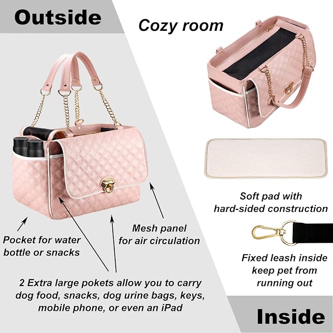 Fashion Dog Purse Carrier for Small Dogs with 2 Super-Large Pockets, Holds Up to 10lbs PU Leather Pet, Cat Carrier, Airline Approved Puppy Purse for Travel (Pink, Small Size)
