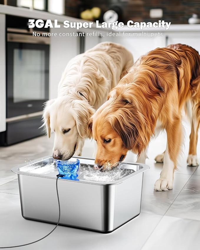 Stainless Steel Dog Water Fountain,3 Gallon Large Pet Water Fountains for Dogs and Cats, 11L /386oz Dog Water Bowl Dispenser w/Filter Drinking Bowls Indoor, Cat Founatin Quiet Pump, Easy to Use