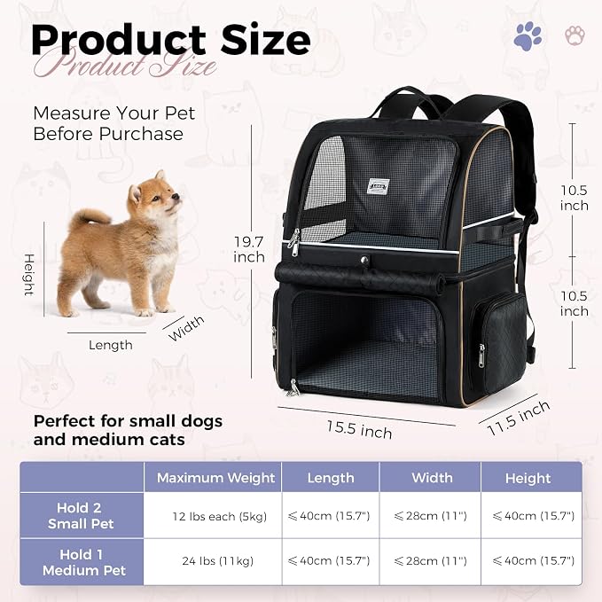 Double Cat Backpack Carrier for 2 Cats, Double-Compartment Pet Carrier Backpack for Two Small Cat or One Medium Cat, Cats Carrier Backpack Dog Carrier Backpack Fits Up to 24 Lbs,Black