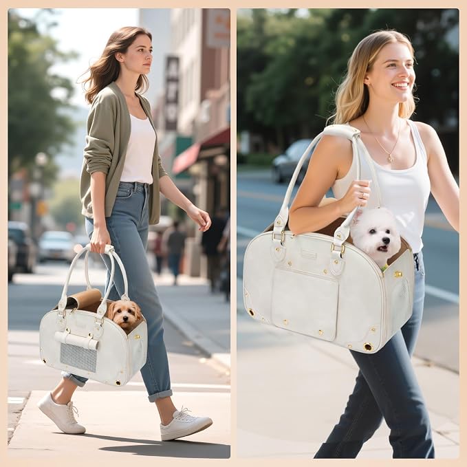 Dog Carrier Purse, Pet Carrier, Foldable Waterproof Premium Leather Pet Travel Portable Bag for Cat and Small Dog Home & Outdoor Small Beige